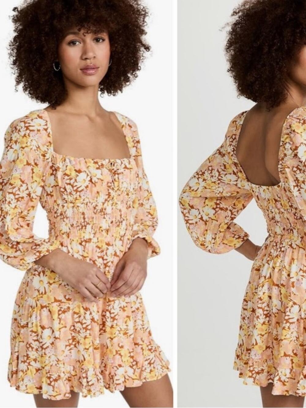 l*space Yellow Floral Smocked Long Sleeve Mini Dress Beach Summer Tropical
